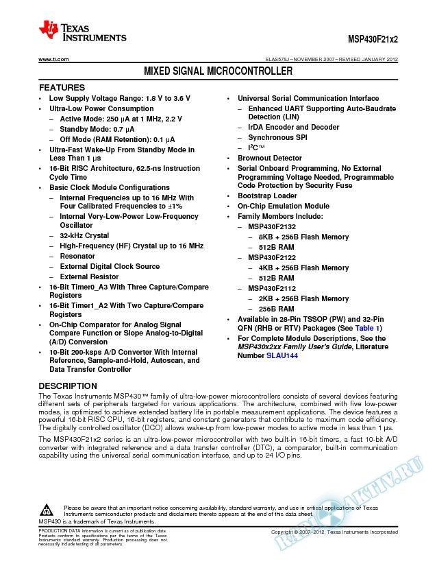 MSP430F21x2 Mixed Signal Microcontroller (Rev. J)