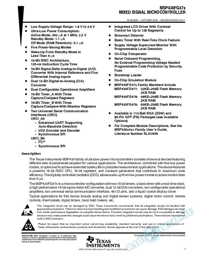 MSP430FG47x Mixed Signal Microcontroller (Rev. D)