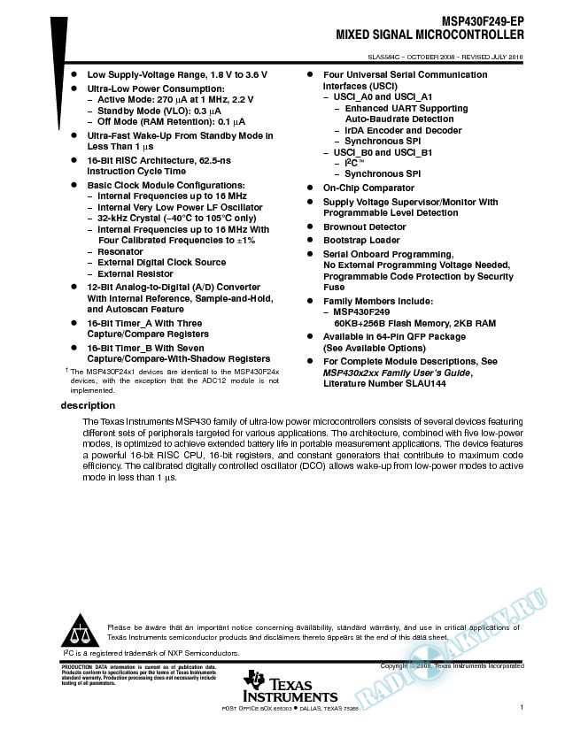 MSP430F249-EP Mixed Signal Microcontroller (Rev. C)