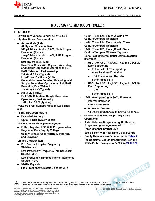 MSP430F543x, MSP430F541x Mixed Signal Microcontroller (Rev. C)