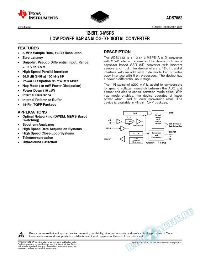 12-Bit, 3-MSPS, Low Power SAR Analog-to-Digital Converter