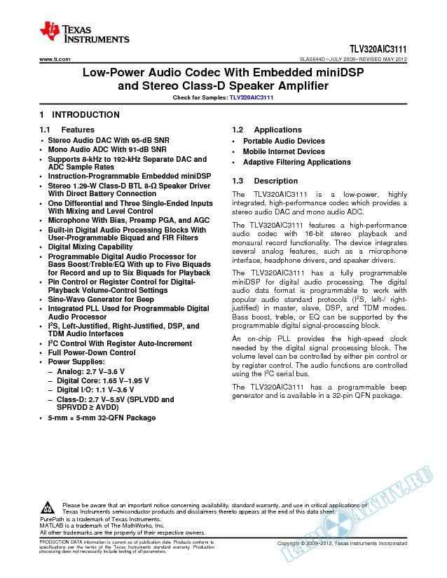 Low-Power Audio Codec With Embedded miniDSP and Stereo Class-D Speaker Amplifier (Rev. D)