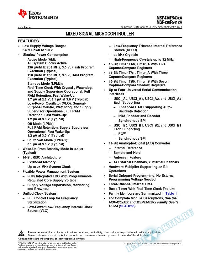 MSP430F543xA, MSP430F541xA Mixed Signal Microcontroller (Rev. C)