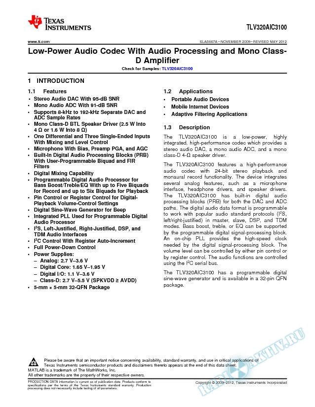 TLV320AIC3100 Low-Power Audio Codec With Audio Processing and Mono Class-D Ampli (Rev. A)