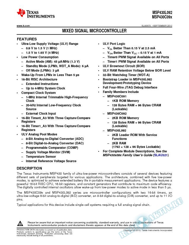 MSP430L092, MSP430C09x Mixed Signal Microcontroller