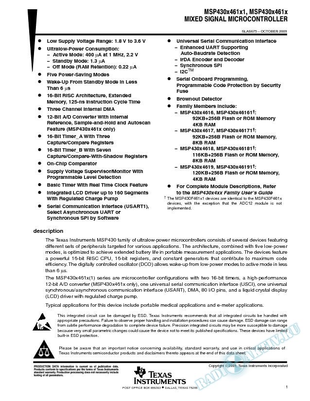 MSP430F461x, MSP430F461x1 Mixed Signal Microcontroller