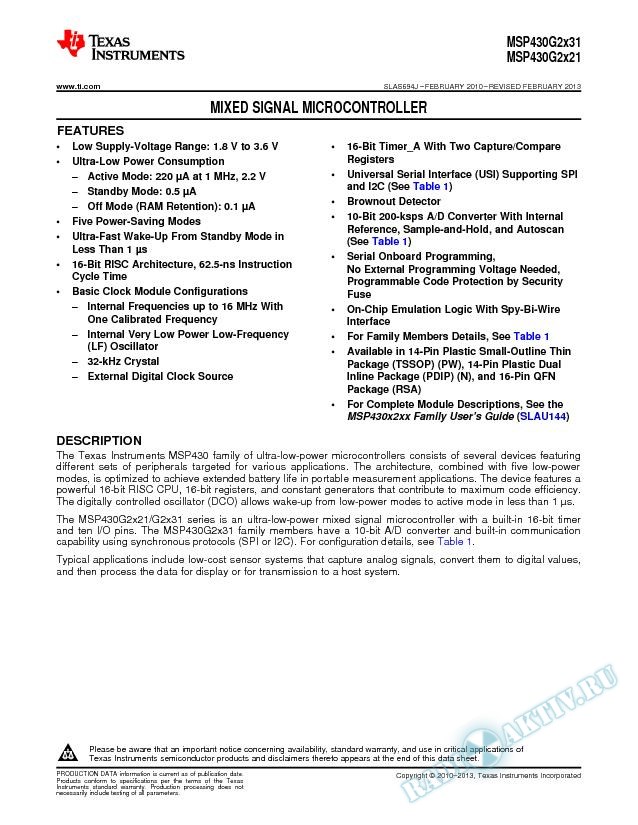 MSP430G2x21, MSP430G2x31 Mixed Signal Microcontroller (Rev. J)