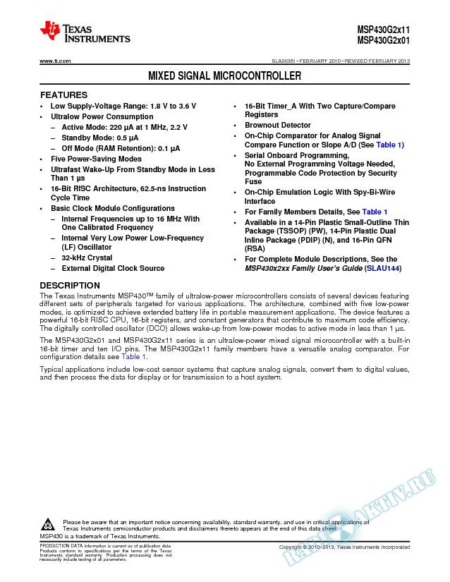 MSP430G2x01, MSP430G2x11 Mixed Signal Microcontroller (Rev. I)
