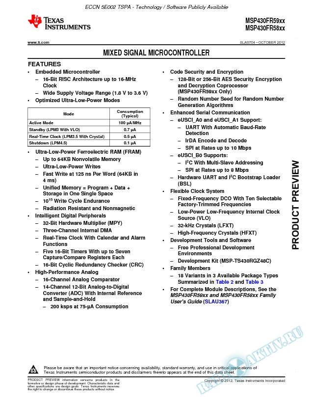 MSP430FR59xx, MSP430FR58xx Mixed Signal Microcontroller