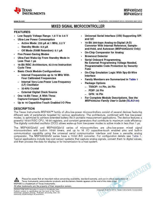 MSP430G2x52, MSP430G2x12 Mixed Signal Microcontroller (Rev. G)