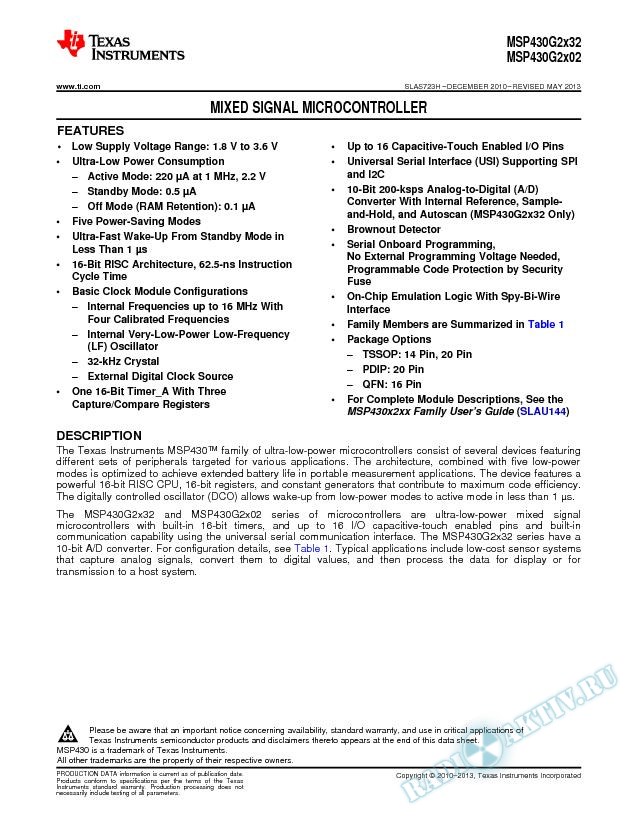 MSP430G2x32, MSP430G2x02 Mixed Signal Microcontroller (Rev. H)