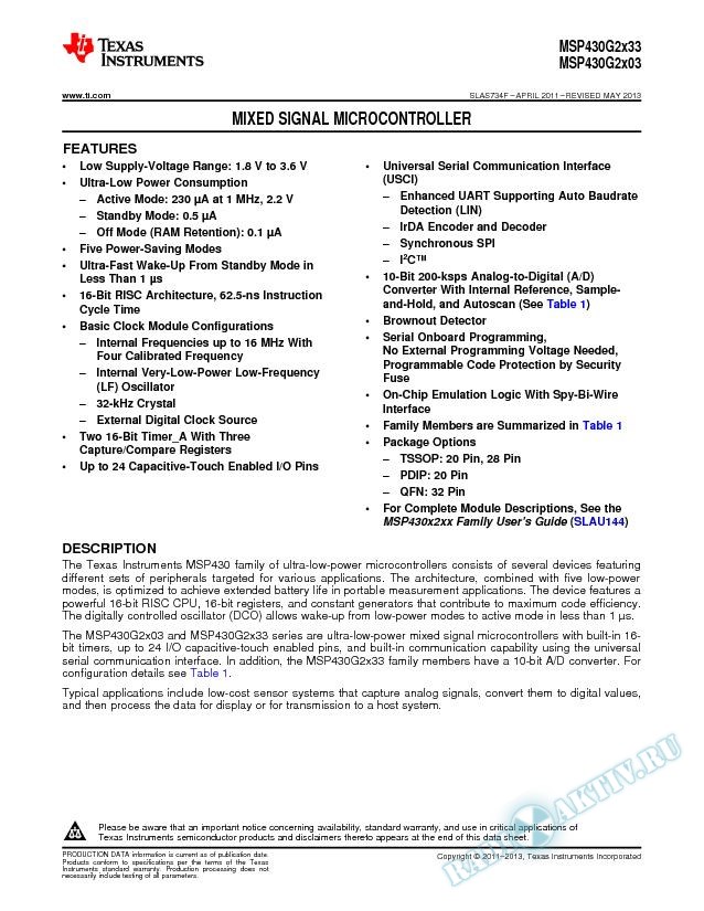 MSP430G2x33, MSP430G2x03 Mixed Signal Microcontroller (Rev. F)
