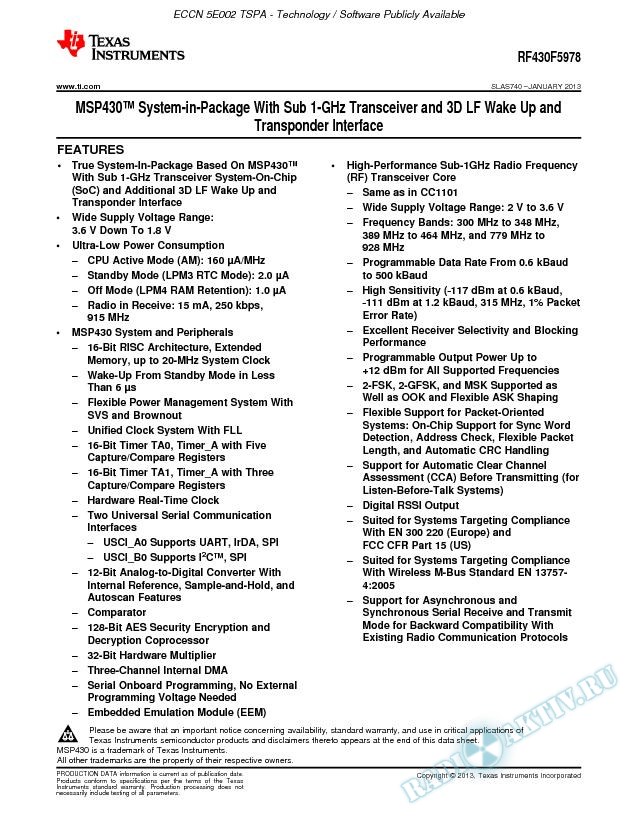 RF430F5978 MSP430 System-in-Package With Sub 1-GHz Transceiver