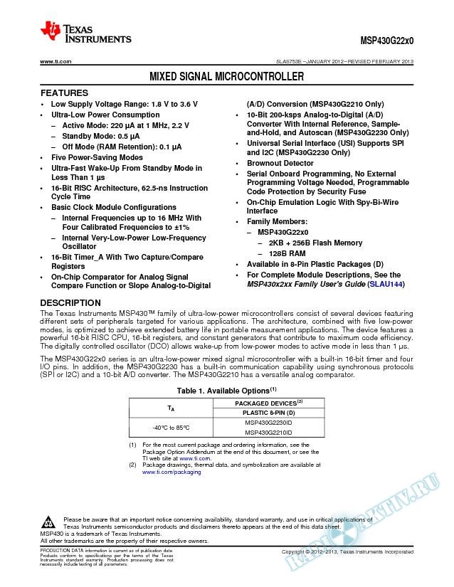 MSP430G22x0 Mixed Signal Microcontroller (Rev. E)
