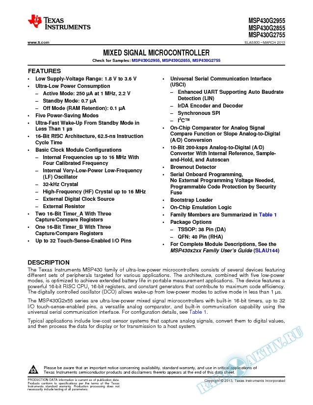 MSP430G2x55 Mixed Signal Microcontroller