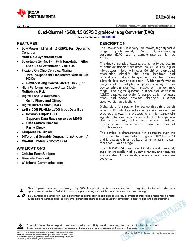 DAC34SH84 Quad-Channel, 16-Bit, 1.5 GSPS DAC Converter (Rev. D)