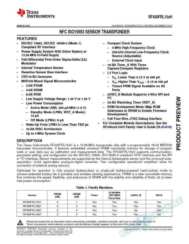 RF430FRL15xH NFC ISO15693 Sensor Transponder (Rev. A)