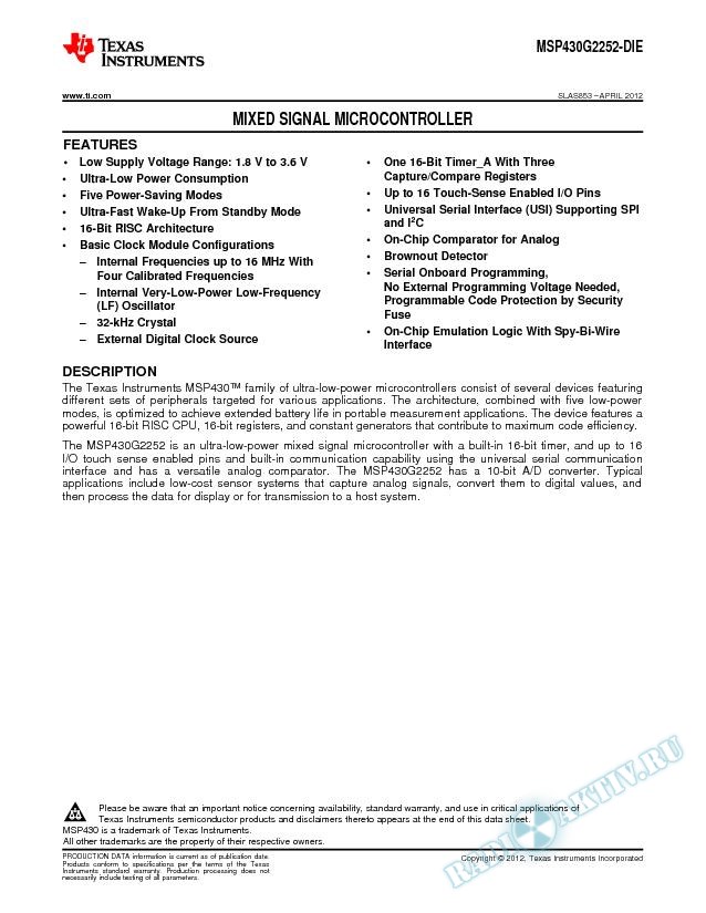 Mixed Signal Microcontroller, MSP430G2252-DIE