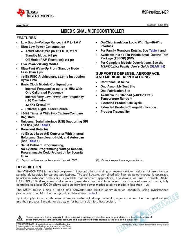Mixed Signal Microcontroller, MSP430G2231-EP
