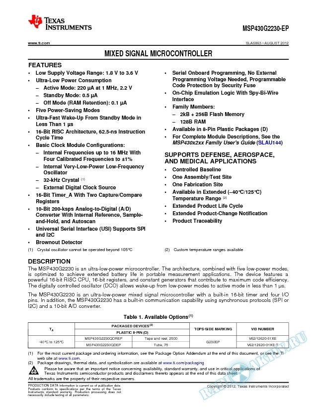 MSP430G2230-EP Mixed Signal Microcontroller
