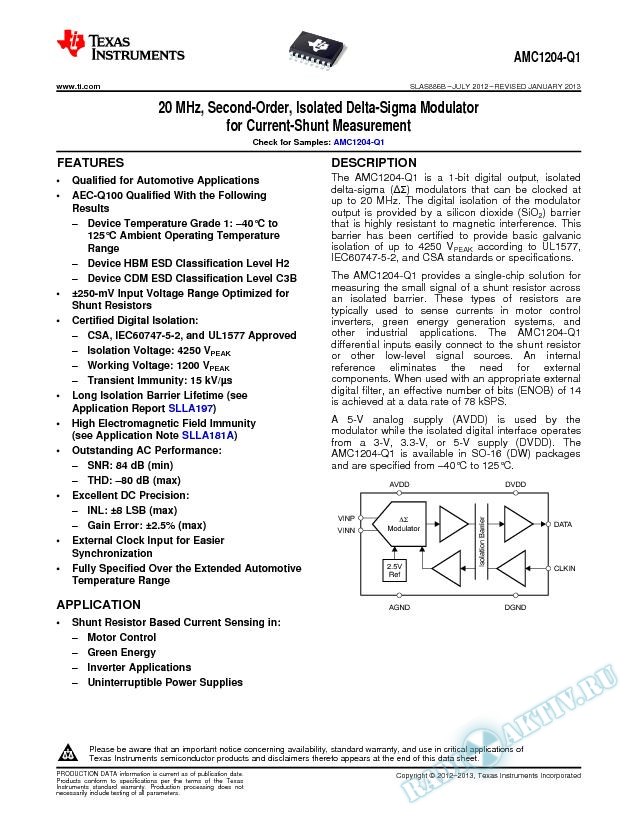 20 MHz Second-Order Isolated Delta-Sigma Modulator for Current-Shunt Measurement (Rev. B)