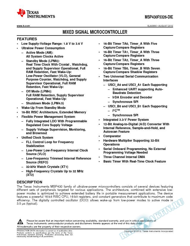 Mixed Signal Microcontroller, MSP430F5326-DIE