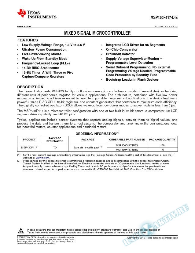 Mixed Signal Microcontroller, MSP430F417-DIE