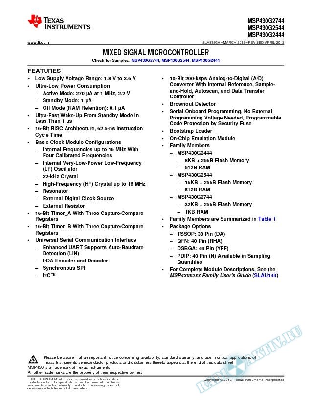 MSP430G2x44 Mixed Signal Microcontroller (Rev. A)