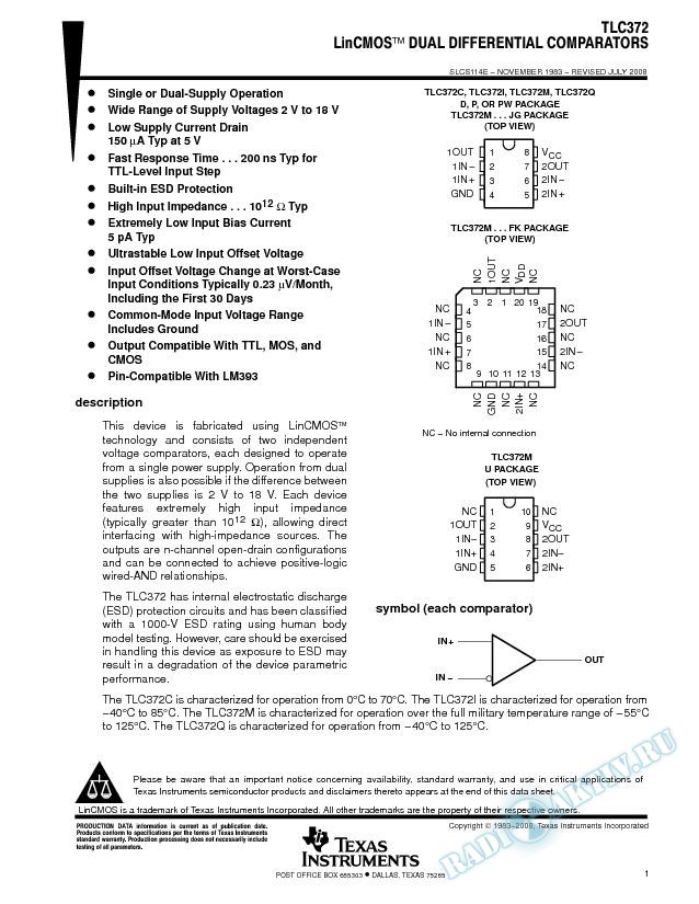 TLC372 LinCMOS(TM) Dual Differential Comparators (Rev. E)