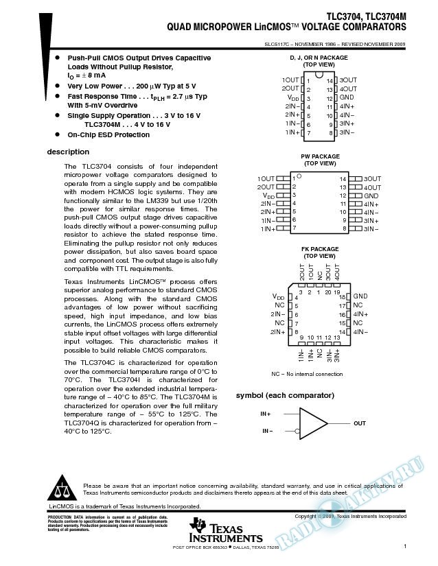 TLC3704 Quad MicroPower LinCMOS Voltage Comparators (Rev. C)