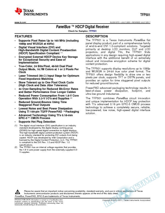 PanelBus(TM) HDCP Digital Receiver. (Rev. C)
