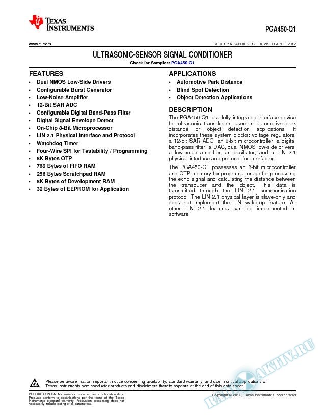 Ultrasonic-Sensor Signal Conditioner (Rev. A)