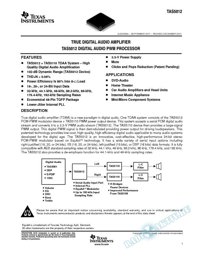 True Digital Audio Amplifier TAS5012 Digital Audio PWM Processor (Rev. A)