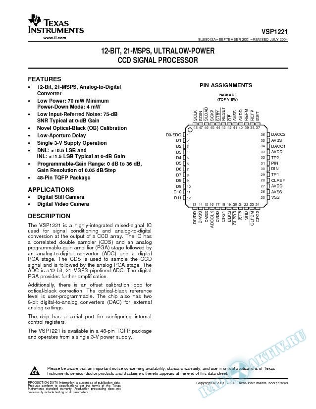 12-Bit, 21-MSPS, UltraLow-Power CCD Signal Processor (Rev. A)