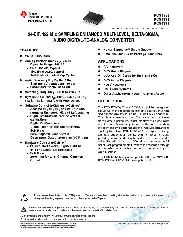 PCM175x: 24-Bit 192 kHz Sampling Delta-Sigma Audio DAC (Rev. C)