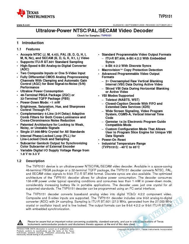 TVP5151 Ultralow-Power NTSC/PAL/SECAM Video Decoder (Rev. E)