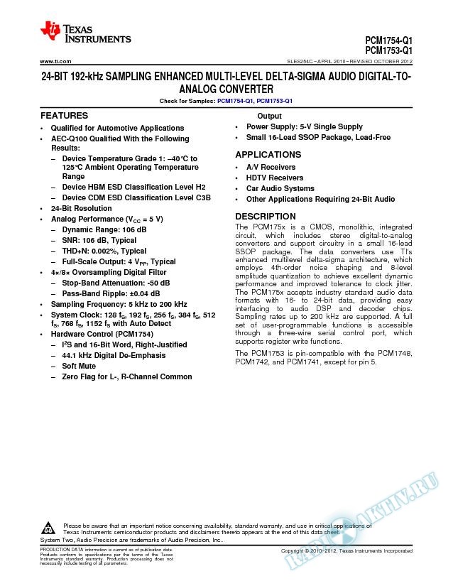 PCM1754-Q1: 24-Bit 192-kHz Sampling Delta-Sigma Audio DAC (Rev. C)