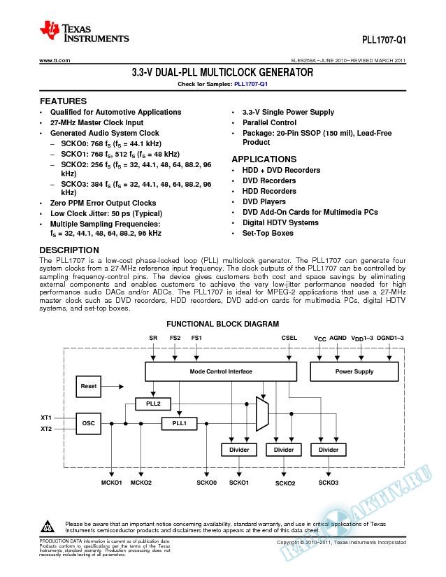 PLL1707-Q1 3.3-V Dual PLL Multi-Clock Generator . (Rev. A)