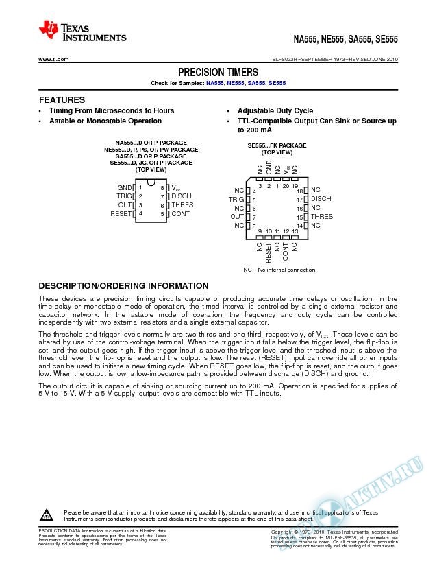 NA555, NE555, SA555, SE555 Precision Timers (Rev. H)