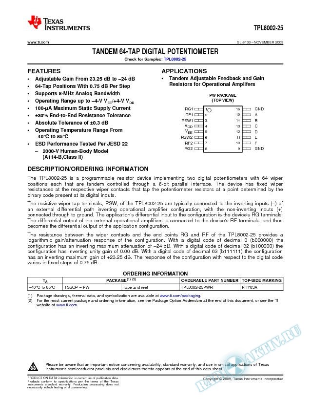 Tandem 64 Tap Digital Potentiometer