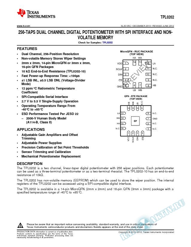 TPL0202 256 TAPS DUAL CHANNEL DIGITAL POTENTIOMETER (Rev. C)