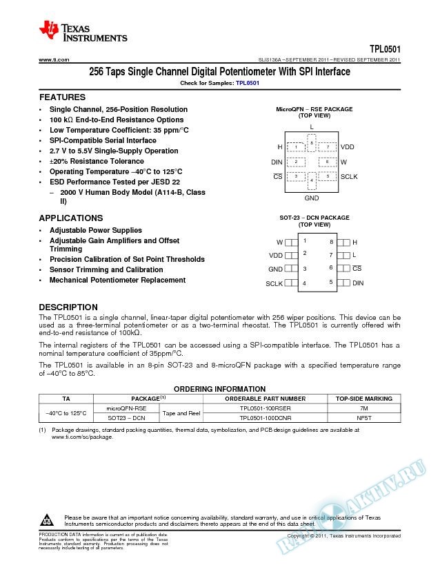 256 TAPS SINGLE CHANNEL DIGITAL POTENTIOMETER WITH SPI INTERFACE (Rev. A)