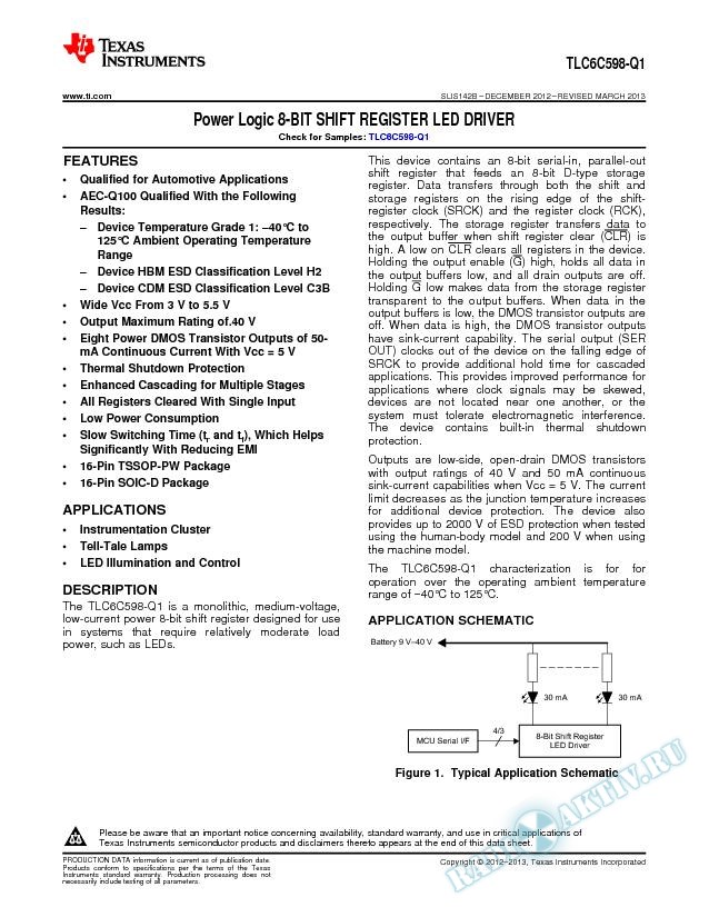 TLC6C598-Q1 Power Logic 8-BIT SHIFT REGISTER LED DRIVER (Rev. B)