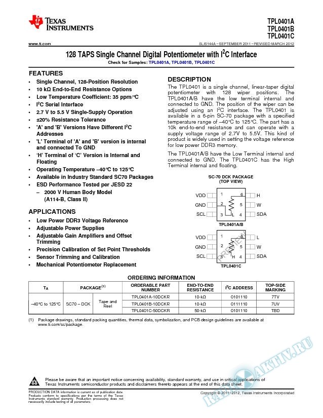 128 TAPS Single Channel Digital Potentiometer With I2C Interface (Rev. A)