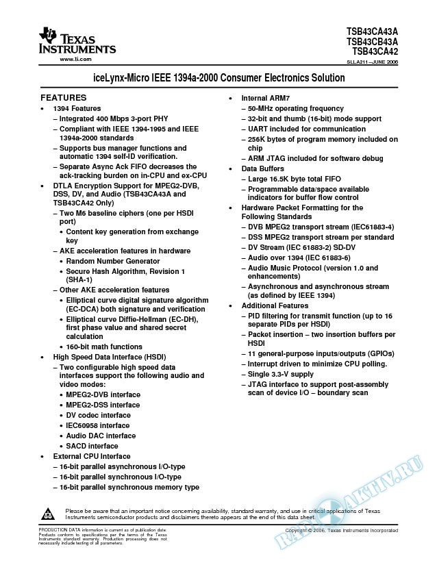 TSB43CA43A/TSB43CB43A/TSB43CA42 iceLynx-Micro IEEE 1394a-2000 Consumer Elect