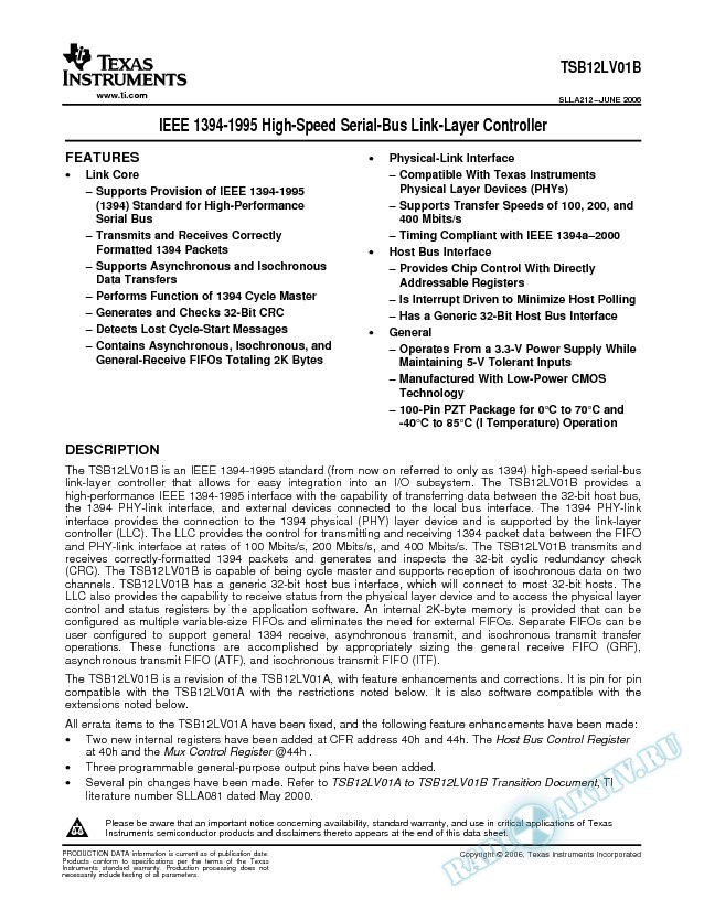 TSB12LV01B IEEE 1394-1995 High-Speed Serial-Link-Layer Controller