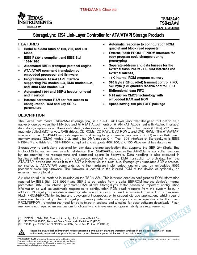 TSB42AA9/TSB42AA9I StorageLynx 1394 Link-Layer Controller for ATA/ATAPI Storage