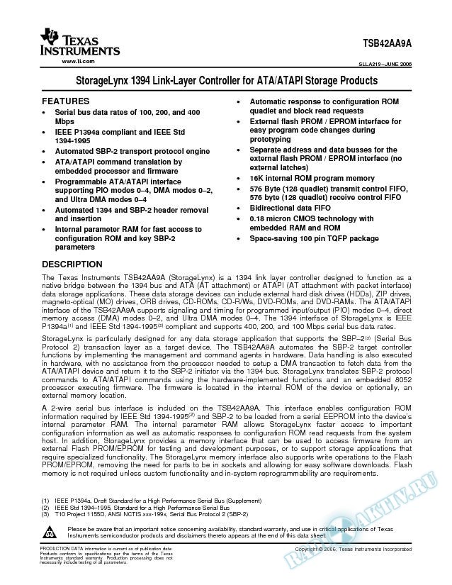 TSB42AA9A StorageLynx 1394 Link-Layer Controller for ATA/ATAPI Storage Products