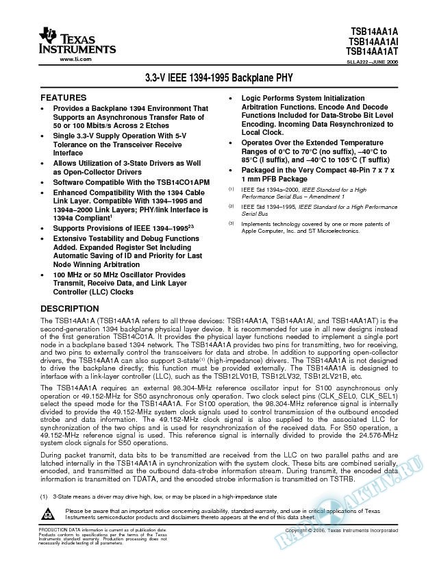 TSB14AA1A 3.3-V IEEE 1394-1995 Backplane PHY