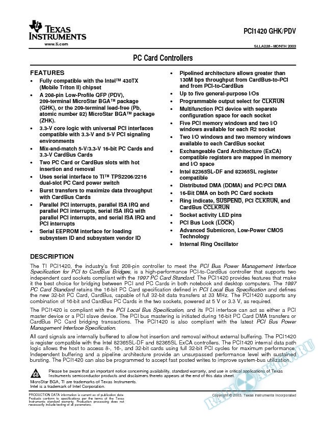 PCI1420 GHK/PDV PC Card Controllers